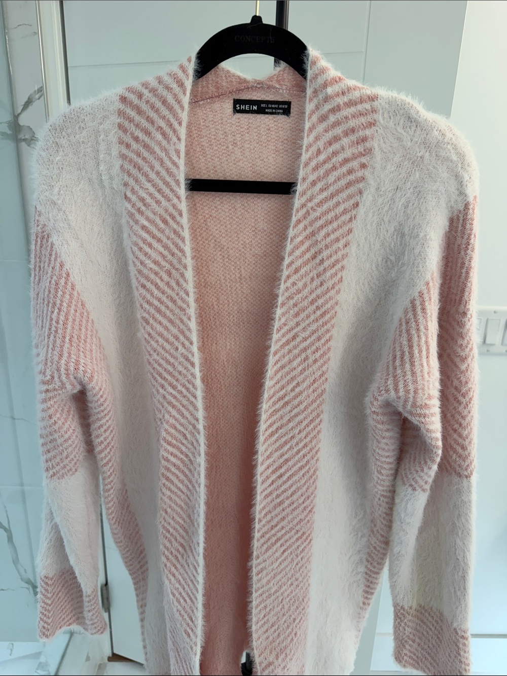 SHEIN Blush Pink & White Striped Open-Front Fuzzy Cardigan